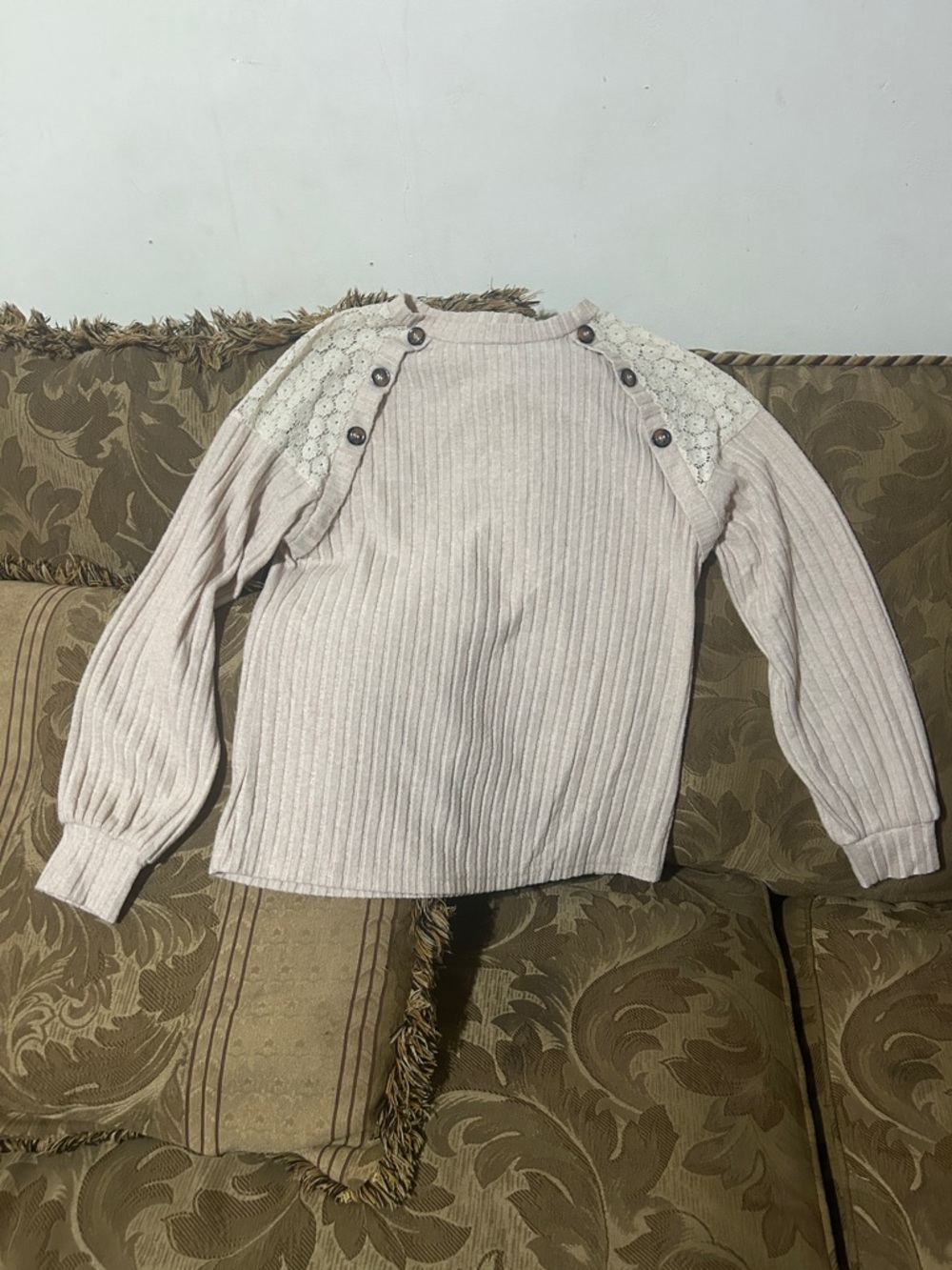 Cream Ribbed Lace-Trim Button Shoulder Sweater